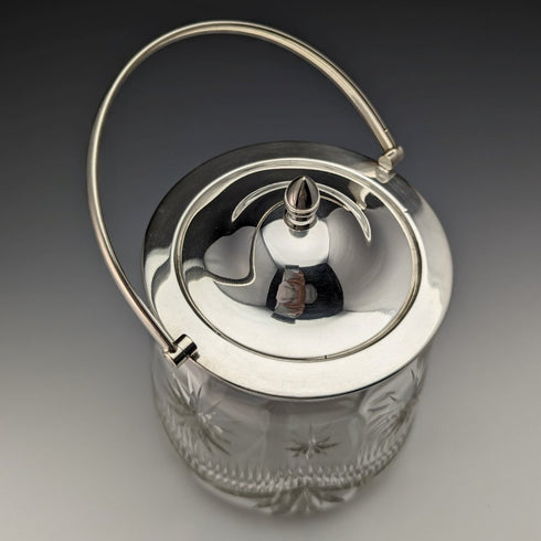 Around 1930 British vintage cut glass biscuit barrel silver plate lid 1048g